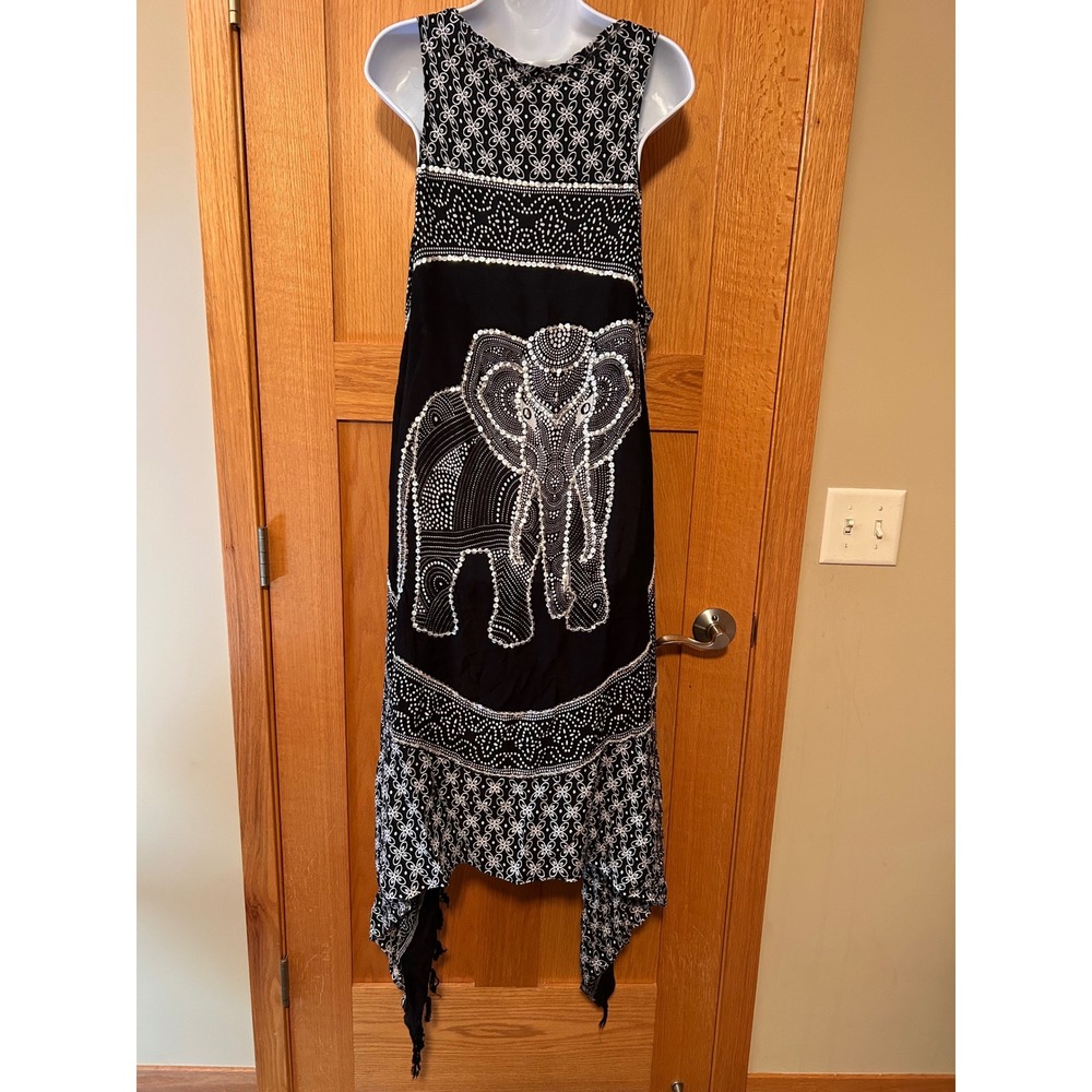 Boho Black White Elephant Sequin Handkerchief Hem Tassel Open Front Long Vest